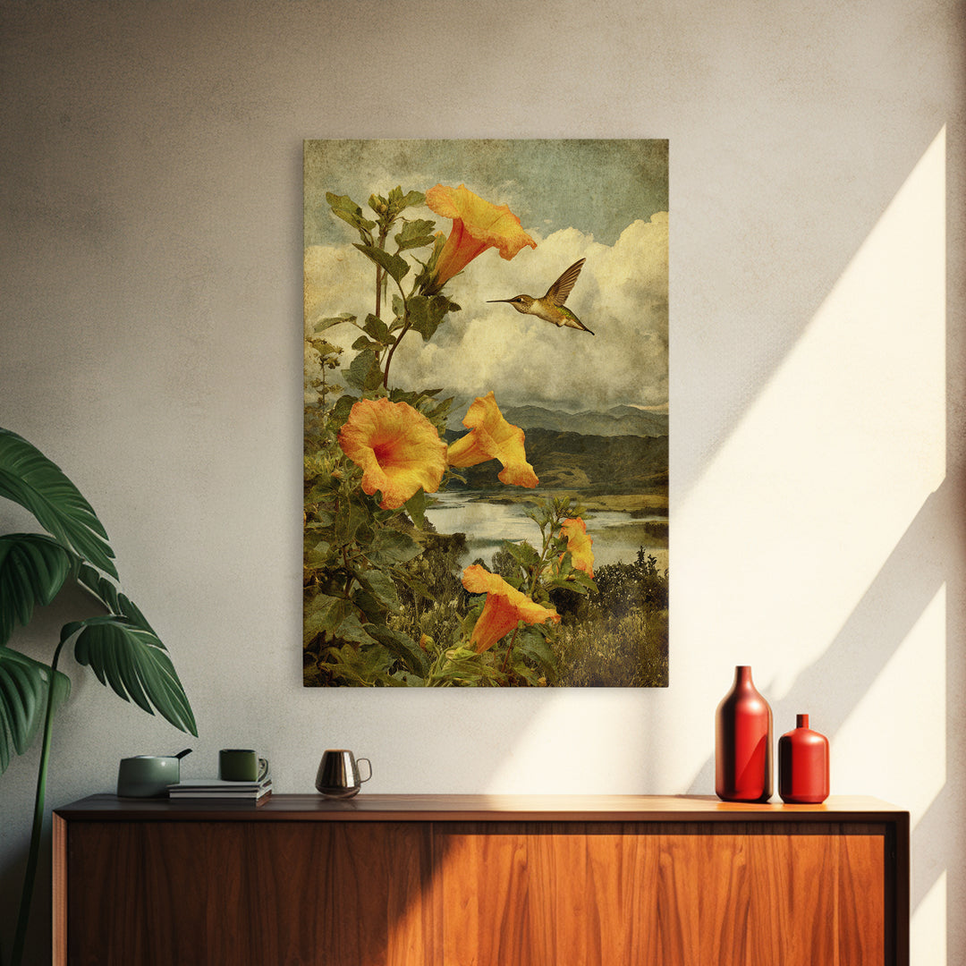 Hummingbird Beside Bright Trumpet Flowers Framed Canvas Print, Nature Art, Mushroom, Living Room Decor, Watercolor Art, Nature, NAT-2x3-20