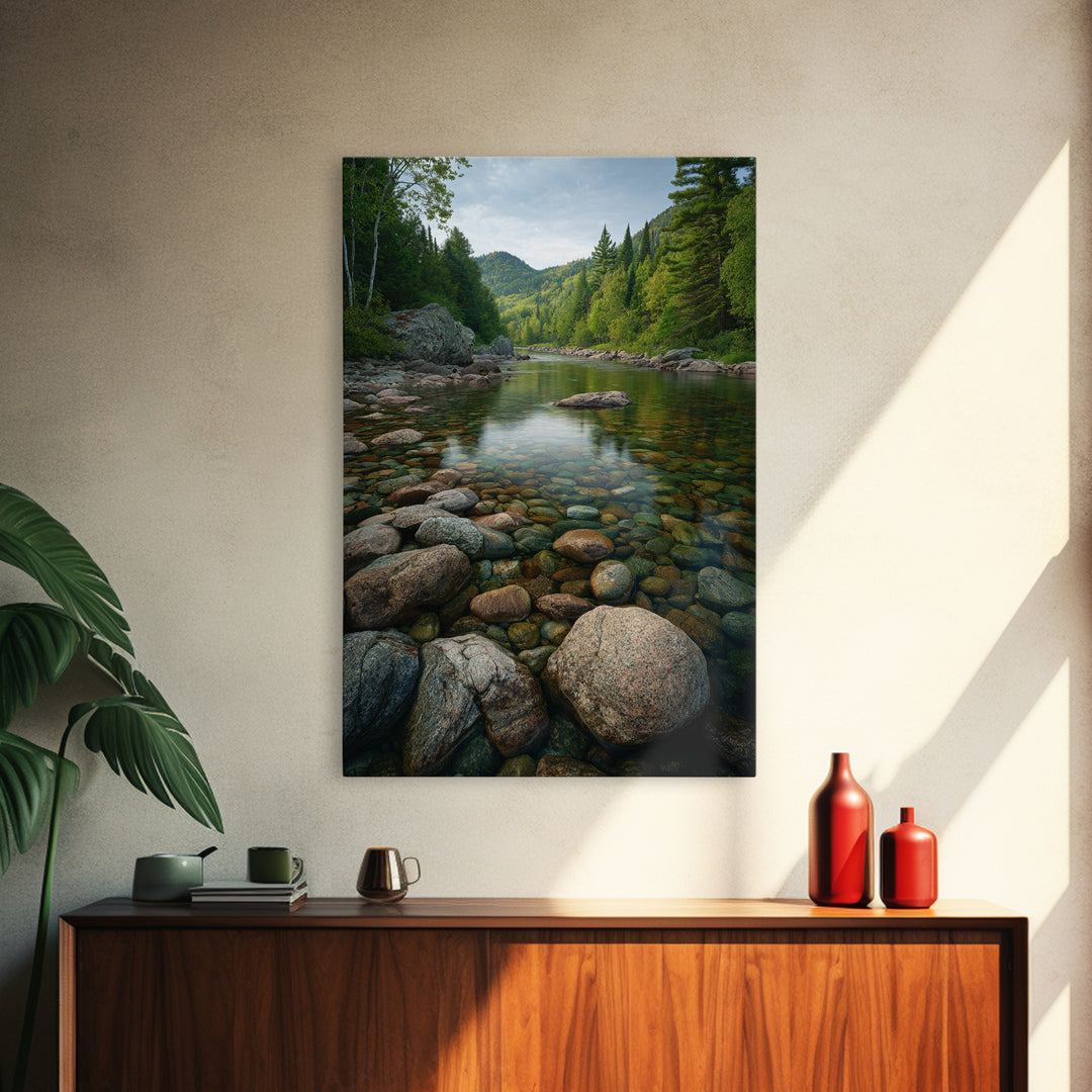 River Stones under Clear Shallow Water Framed Canvas Print, Nature Art, Living Room Decor, Oil Painting, Nature, NAT-2x3-21