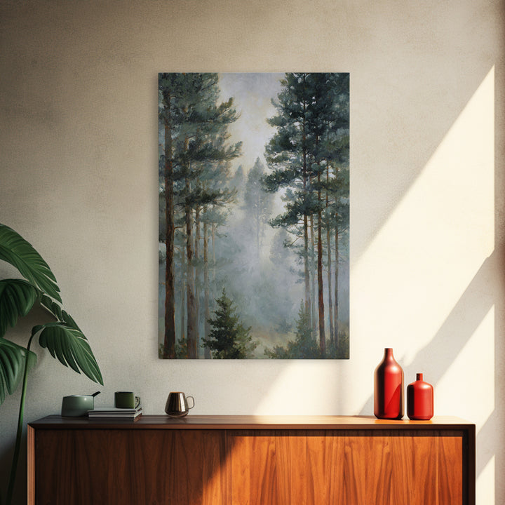 Moody Pine Forest Framed Canvas Print, Nature Art, Wall Art, Living Room Decor, Oil Painting, Nature, Wood Wall Art, NAT-2x3-25