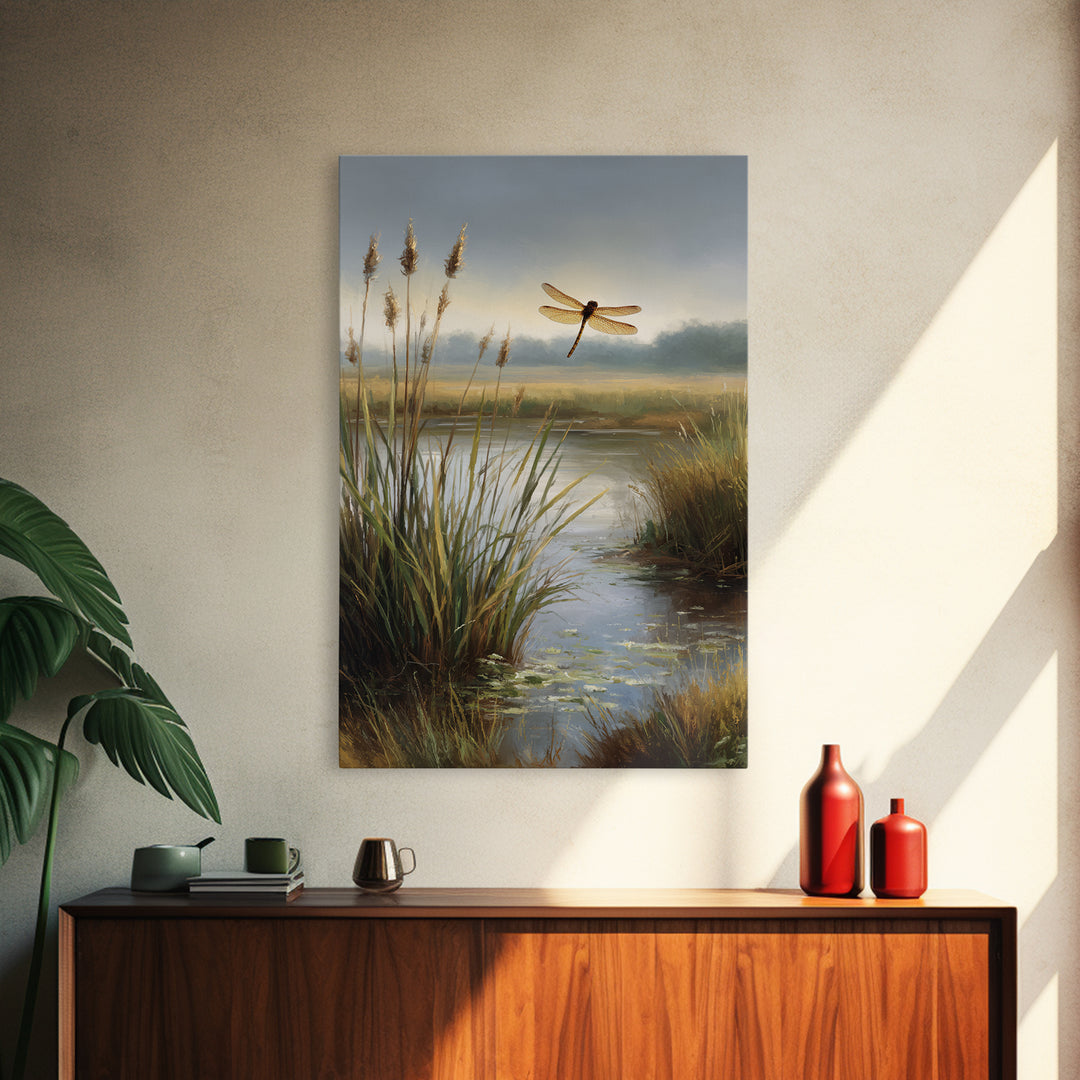 Dragonfly over a Pond with Reeds Framed Canvas Print, Nature Art, Boho Decor, Living Room Decor, Abstract Art, Nature, NAT-2x3-26