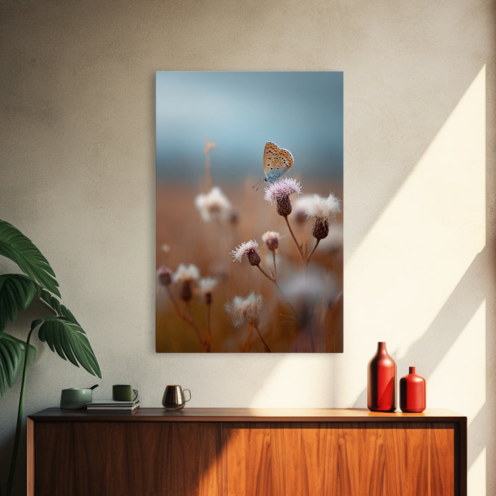 Butterfly Resting on a Blooming Thistle Framed Canvas Print, Nature Art, Mountain Wall Art, Living Room Decor, Watercolor Art, NAT-2x3-36