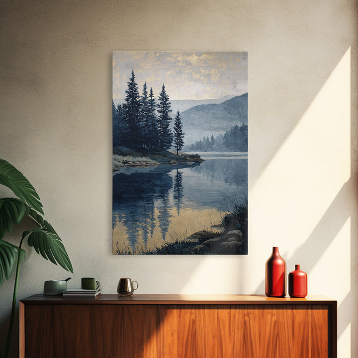 Misty Mountain Lake Framed Canvas Print, Nature Art, Art, Living Room Decor, Watercolor Art, Nature, 3d Wall Art, NAT-2x3-37