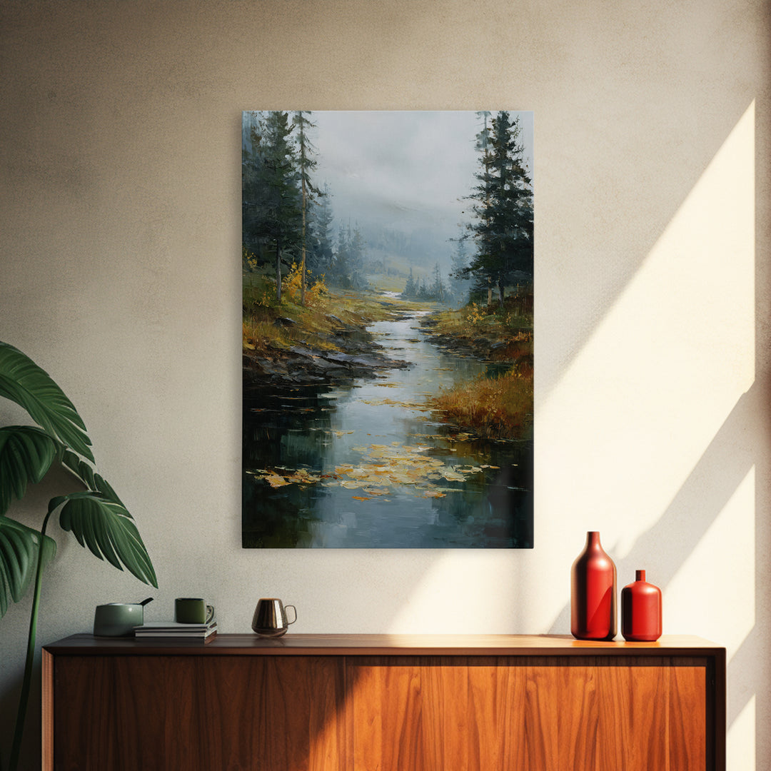 Autumn Leaves Floating on Quiet Stream Framed Canvas Print, Nature Art, Wall Art, Living Room Decor, Fine Art, Nature, NAT-2x3-38