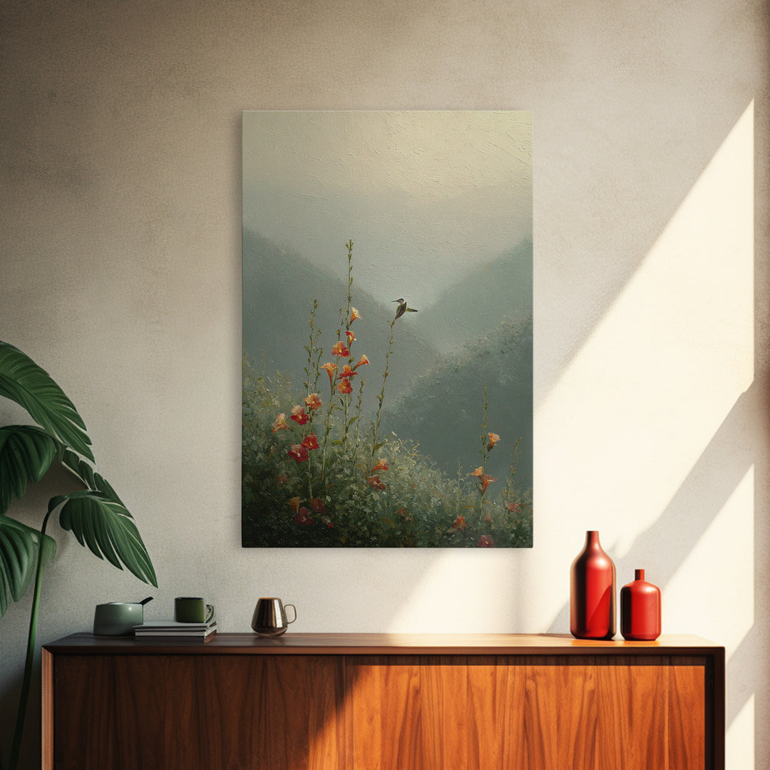 Hummingbird Beside Bright Trumpet Flowers Framed Canvas Print, Nature Art, Landscape Print, Living Room Decor, Watercolor Art, NAT-2x3-44