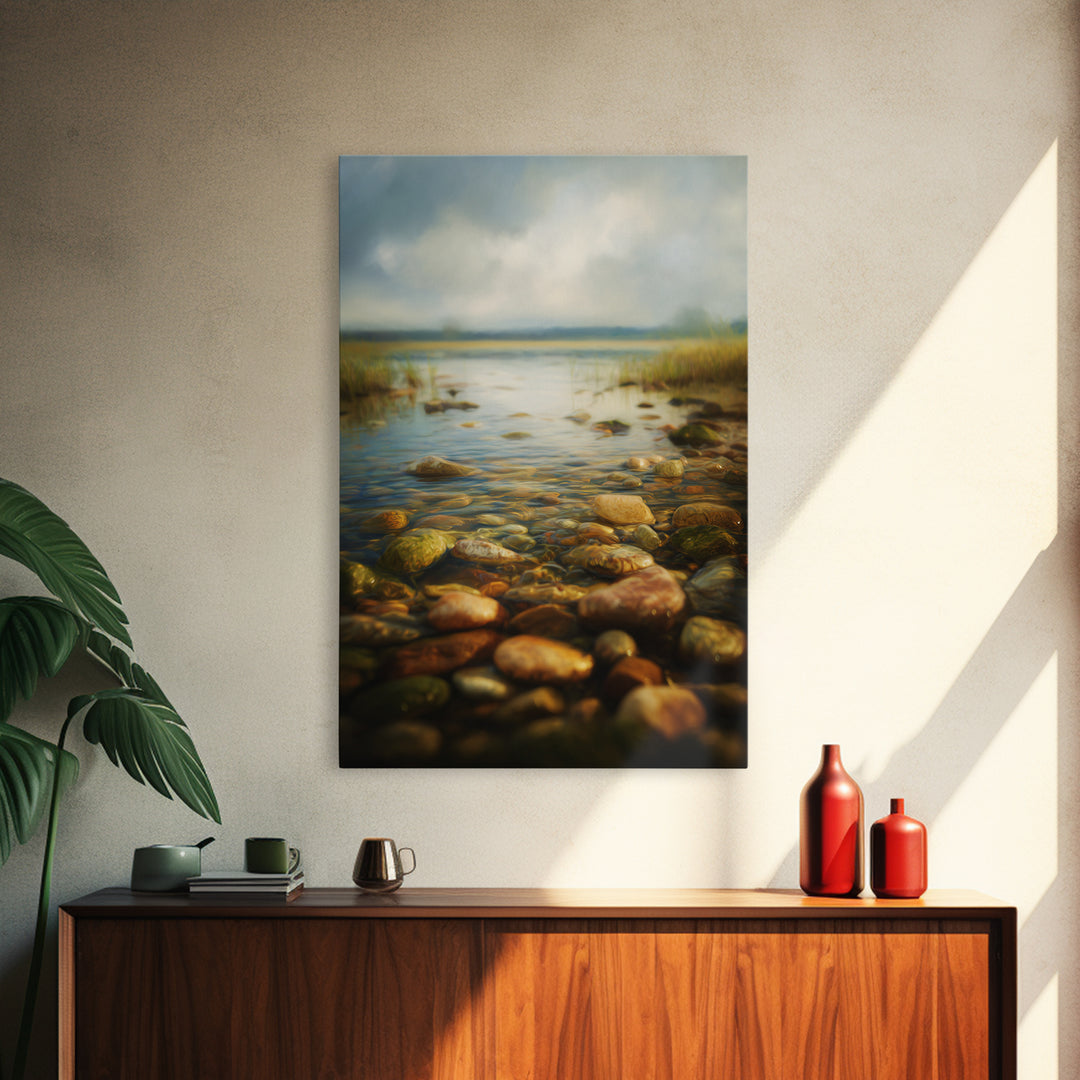 River Stones under Clear Shallow Water Canvas Print, Nature Art, Painting, Living Room Decor, Fine Art, Nature, Modern Wall Art, NAT-2x3-45