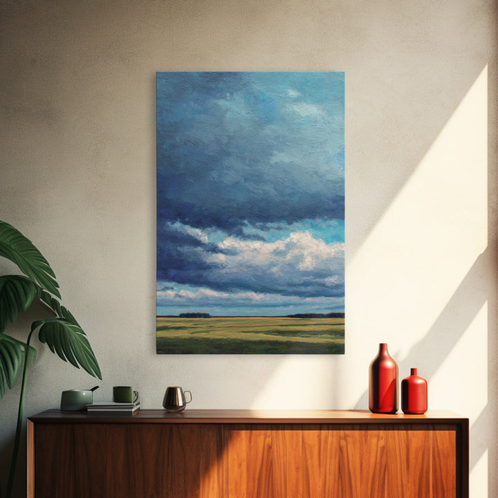 Storm Clouds over a Rolling Prairie Framed Canvas Print, Nature Art, Textured Painting, Living Room Decor, Fine Art, Nature, NAT-2x3-46