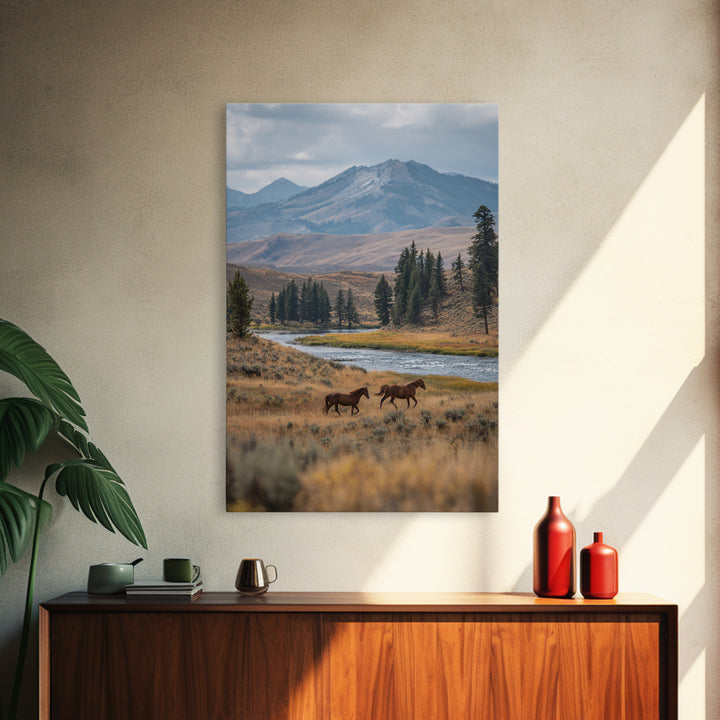 Wild Horses Running Near Mountain Ridge Canvas Print, Nature Art, Minimalist Decor, Living Room Decor, Fine Art, Nature, NAT-2x3-54