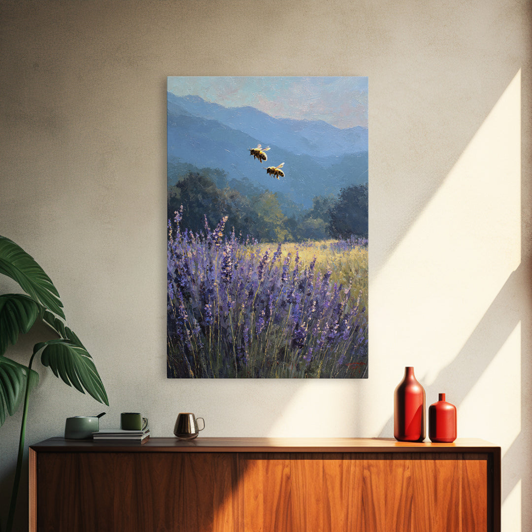 Bees Circling Lavender Blossoms Framed Canvas Print, Nature Art, Textured Painting, Living Room Decor, Fine Art, Nature, NAT-2x3-55