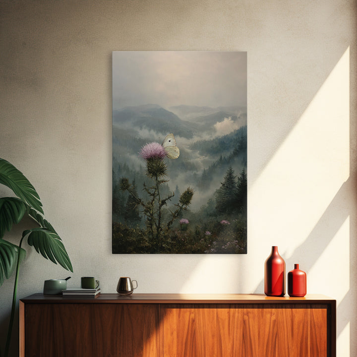Butterfly Resting on a Blooming Thistle Framed Canvas Print, Nature Art, Wall Art, Living Room Decor, Fine Art, Nature, NAT-2x3-60