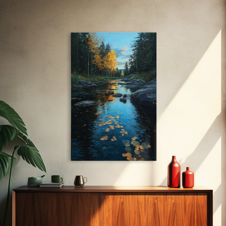 Autumn Leaves Floating on Quiet Stream Canvas Print, Nature Art, Mushroom, Living Room Decor, Abstract Art, Nature, NAT-2x3-62