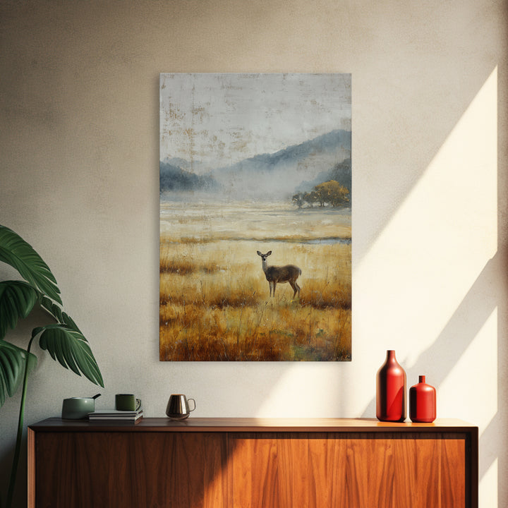 Deer Standing in a Golden Field Framed Canvas Print, Nature Art, Room Decor, Living Room Decor, Fine Art, Nature, Wall Hangings, NAT-2x3-64