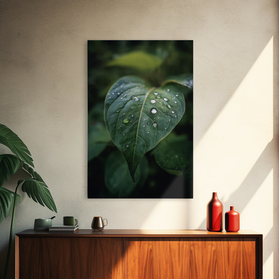 Rain Drops on a Large Green Leaf Canvas Print, Nature Art, Floral, Living Room Decor, Oil Painting, Nature, Moss Art, NAT-2x3-65