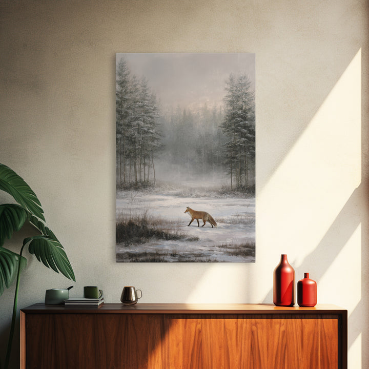 Fox Crossing a Snowy Forest Clearing Canvas Print, Nature Art, Home Decor, Living Room Decor, Nature, Abstract Wall Art, NAT-2x3-66