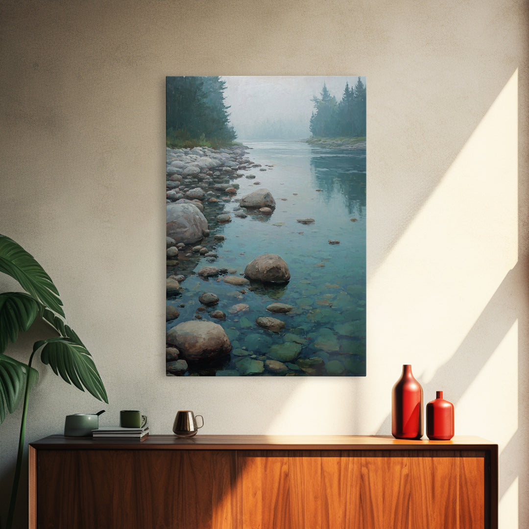 River Stones under Clear Shallow Water Framed Canvas Print, Nature Art, Artwork, Living Room Decor, Fine Art, Nature, NAT-2x3-69