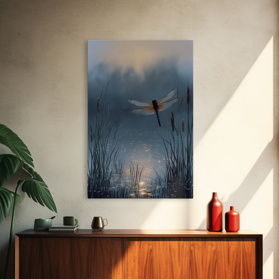 Dragonfly over a Pond with Reeds Framed Canvas Print, Nature Art, Art, Living Room Decor, Watercolor Art, Nature, 3d Wall Art, NAT-2x3-74