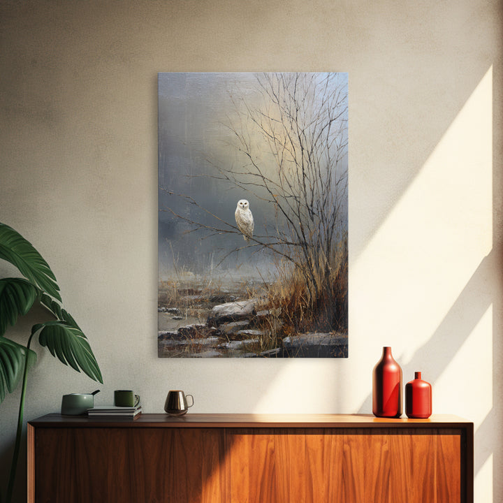 Owl in Moonlit Branches Framed Canvas Print, Nature Art, Printable Wall Art, Living Room Decor, Watercolor Art, Nature, NAT-2x3-75