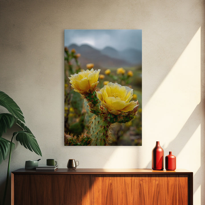 Desert Cactus Blooming After Rain Framed Canvas Print, Nature Art, 3d Wall Art, Living Room Decor, Watercolor Art, Nature, NAT-2x3-76