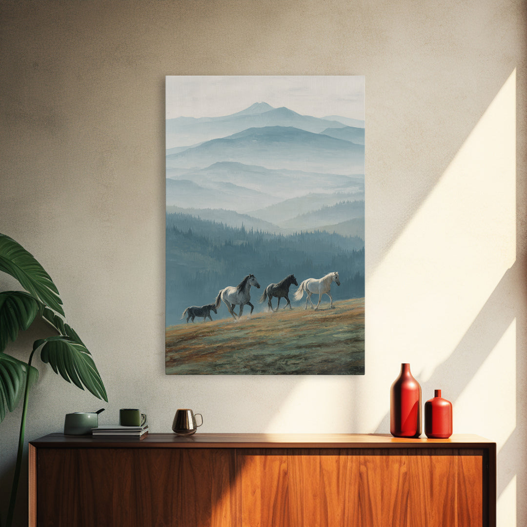 Wild Horses Running Near Mountain Ridge Framed Canvas Print, Nature Art, Wall Decor, Living Room Decor, Fine Art, Nature, NAT-2x3-78