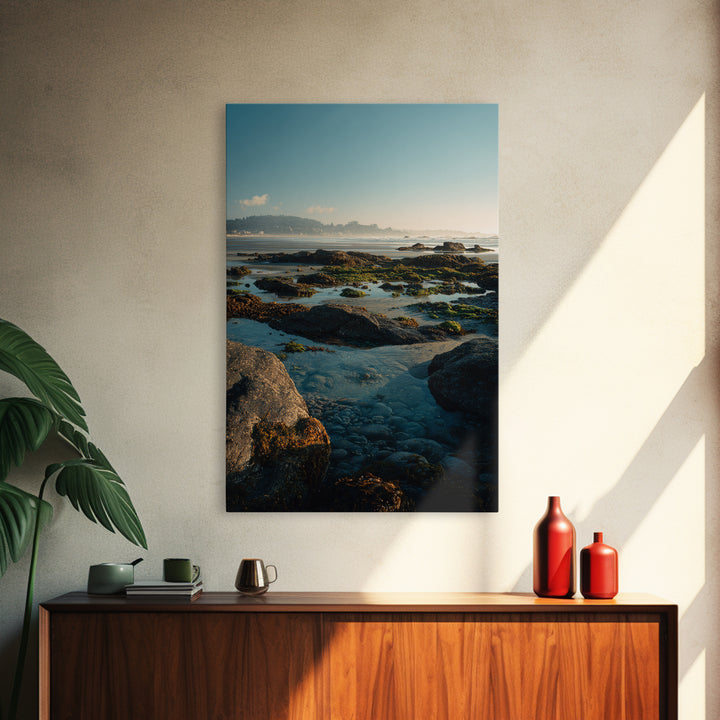 Calm Beach Tide Pooling Around Rocks Framed Canvas Print, Nature Art, Stained Glass Art, Living Room Decor, Oil Painting, NAT-2x3-8