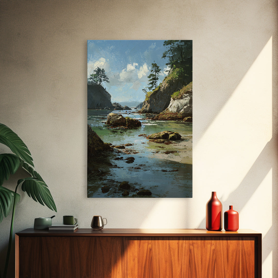 Calm Beach Tide Pooling Around Rocks Framed Canvas Print, Nature Art, Living Room Decor, Watercolor Art, Nature, NAT-2x3-80