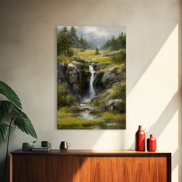 Waterfall Hidden Among Dark Green Rocks Framed Canvas Print, Nature Art, Abstract Wall Art, Living Room Decor, Abstract Art, NAT-2x3-83