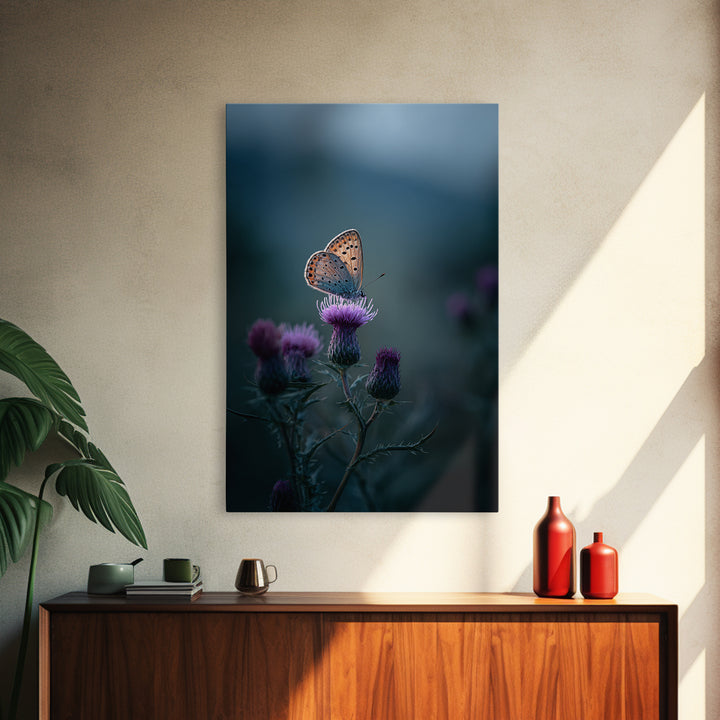 Butterfly Resting on a Blooming Thistle Framed Canvas Print, Nature Art, Landscape Art, Living Room Decor, Fine Art, Nature, NAT-2x3-84
