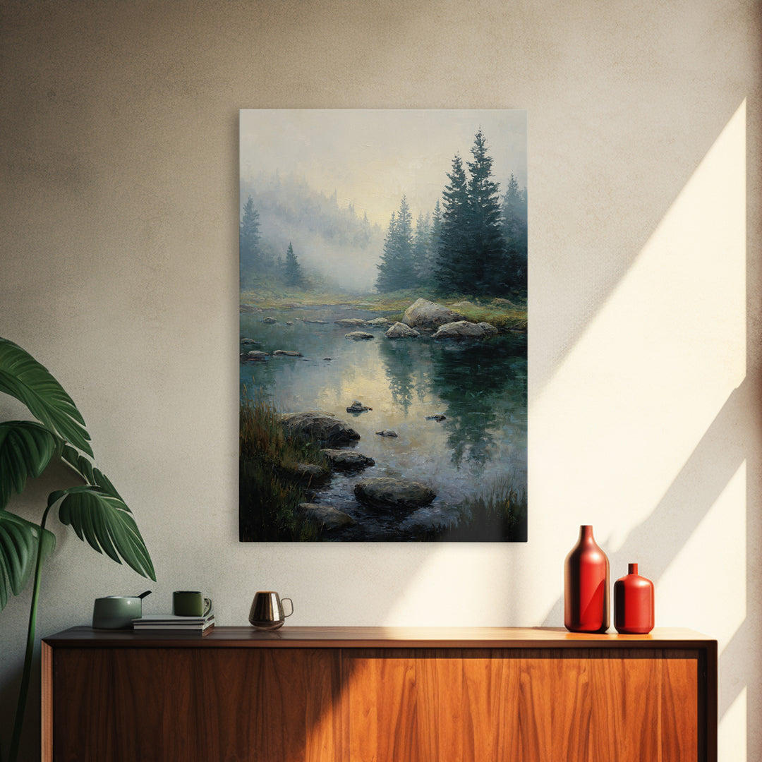 Misty Mountain Lake Framed Canvas Print, Nature Art, Abstract Wall Art, Living Room Decor, Oil Painting, Nature, Bird Wall Art, NAT-2x3-85