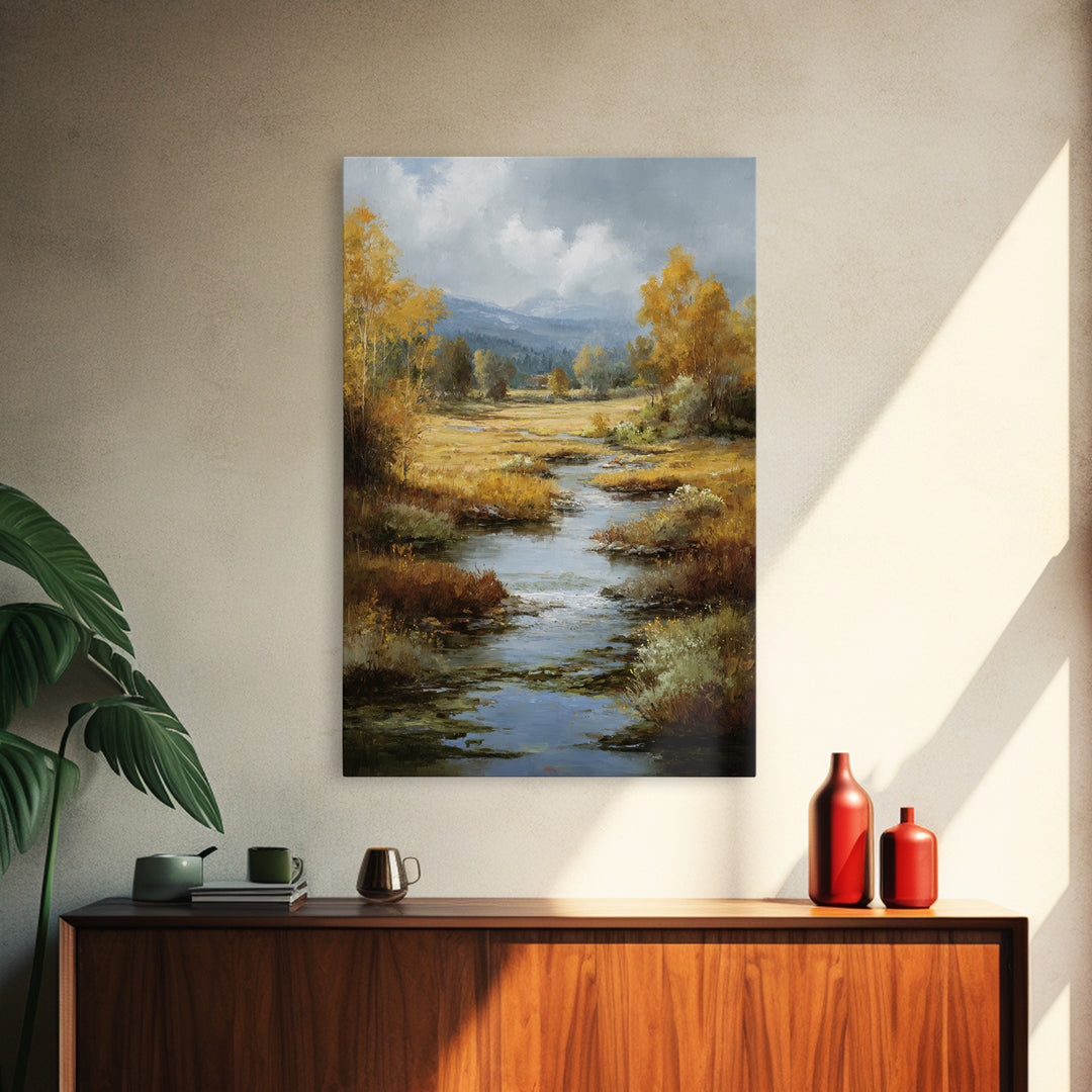 Autumn Leaves Floating on Quiet Stream Canvas Print, Nature Art, Mushroom, Living Room Decor, Abstract Art, Nature, NAT-2x3-86