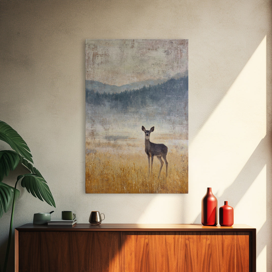 Deer Standing in a Golden Field Framed Canvas Print, Nature Art, Printable Wall Art, Living Room Decor, Fine Art, Nature, NAT-2x3-88