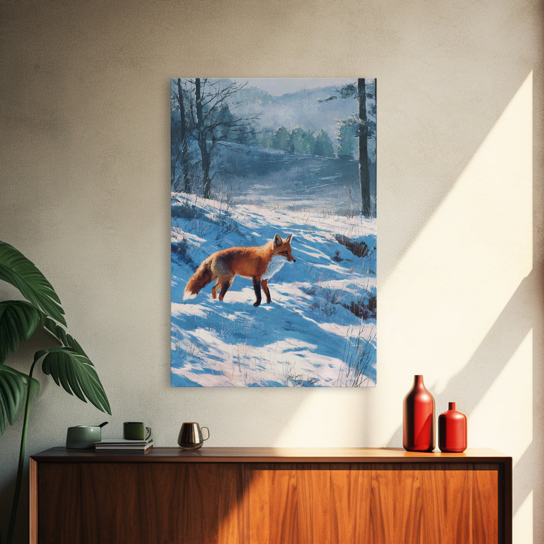 Fox Crossing a Snowy Forest Clearing Framed Canvas Print, Nature Art, Living Room Decor, Oil Painting, Nature, NAT-2x3-90