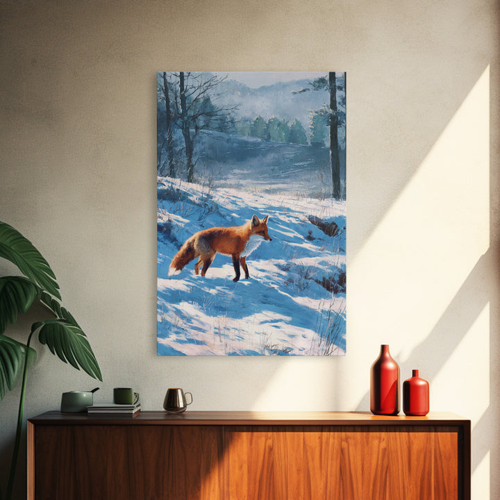 Fox Crossing a Snowy Forest Clearing Framed Canvas Print, Nature Art, Living Room Decor, Oil Painting, Nature, NAT-2x3-90