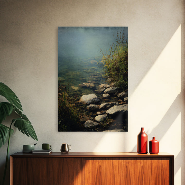 River Stones under Clear Shallow Water Framed Canvas Print, Nature Art, Artwork, Living Room Decor, Fine Art, Nature, NAT-2x3-93
