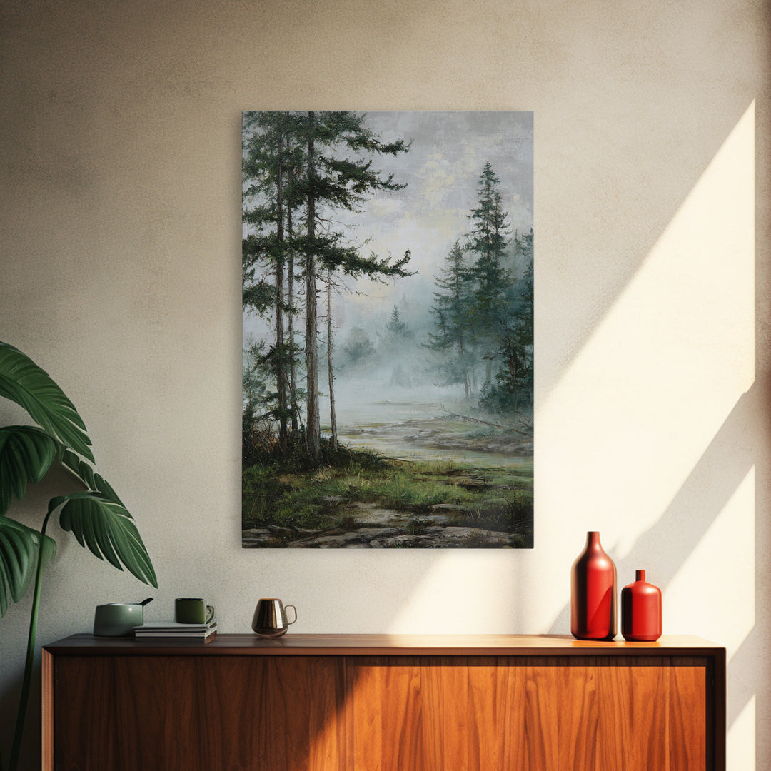 Moody Pine Forest Framed Canvas Print, Nature Art, Framed Art, Living Room Decor, Nature, Botanical Art, Digital Download Art, NAT-2x3-97