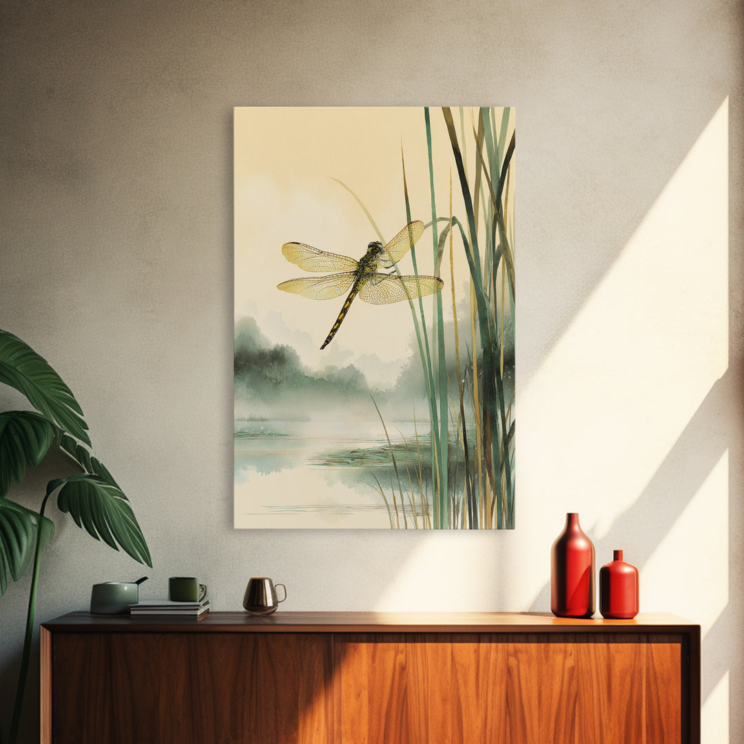 Dragonfly over a Pond with Reeds Framed Canvas Print, Nature Art, Art, Living Room Decor, Watercolor Art, Nature, 3d Wall Art, NAT-2x3-98