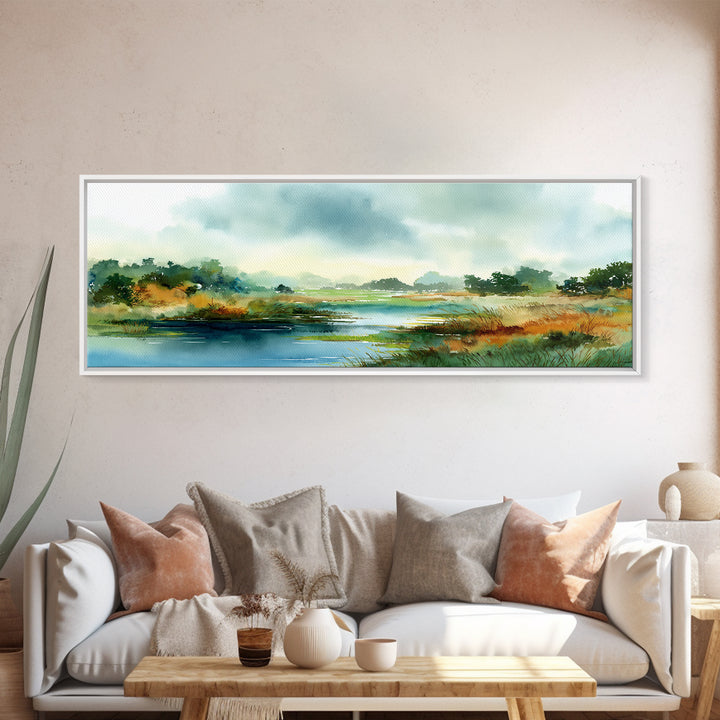 Dragonfly over a Pond with Reeds Framed Canvas Print, Nature Art, Home Decor, Living Room Decor, Nature, Abstract Wall Art, NAT-3x1-10