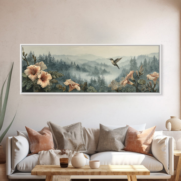 Hummingbird Beside Bright Trumpet Flowers Canvas Print, Nature Art, Modern Decor, Living Room Decor, Fine Art, Nature, NAT-3x1-100