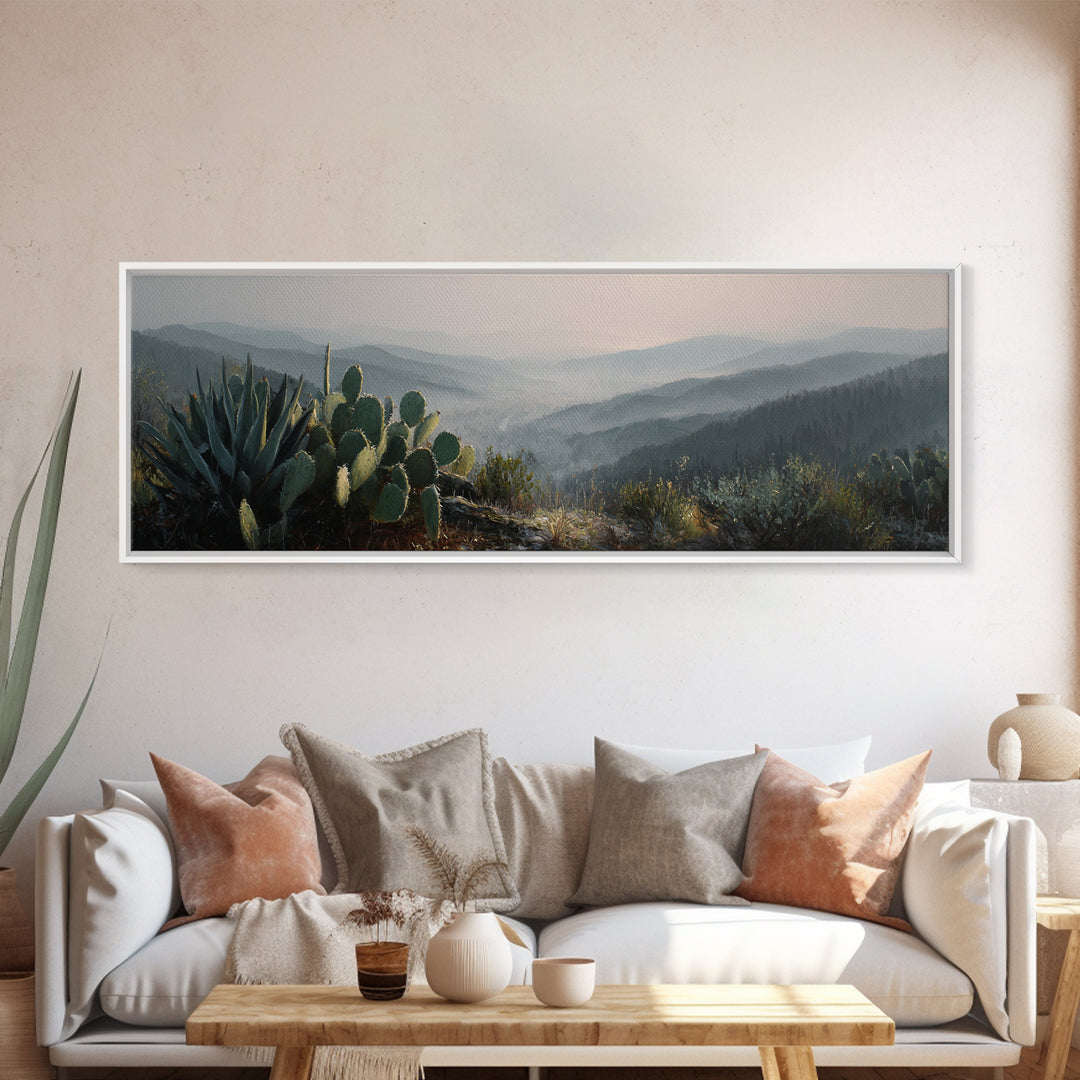 Desert Cactus Blooming After Rain Framed Canvas Print, Nature Art, Botanical Art, Living Room Decor, Watercolor Art, Nature, NAT-3x1-12