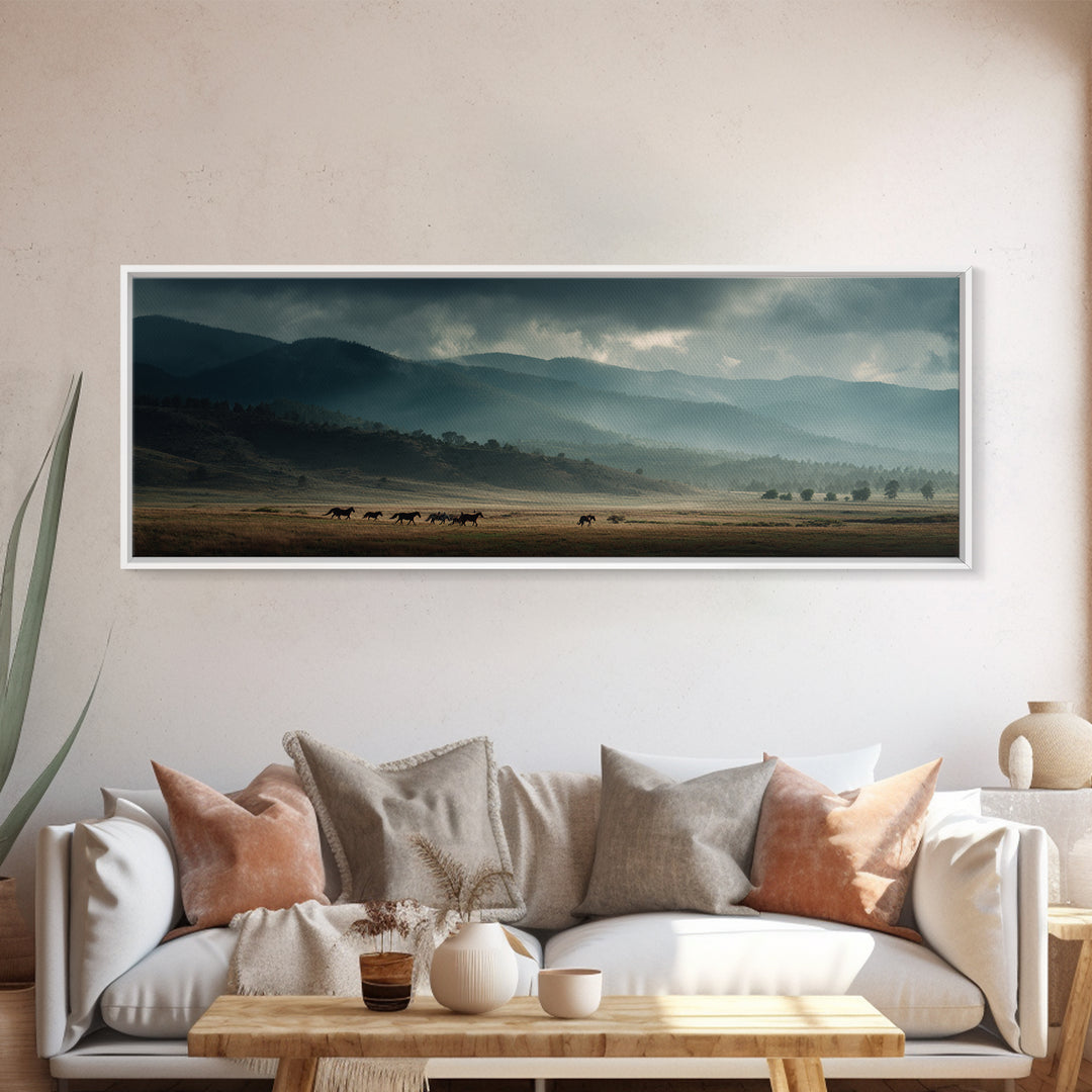 Wild Horses Running Near Mountain Ridge Canvas Print, Nature Art, Landscape Print, Living Room Decor, Fine Art, Nature, NAT-3x1-14