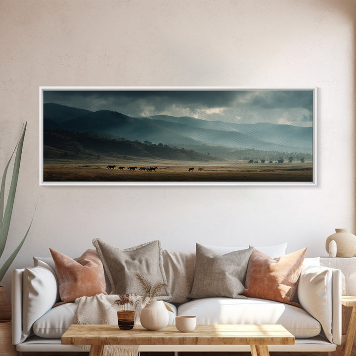 Wild Horses Running Near Mountain Ridge Canvas Print, Nature Art, Landscape Print, Living Room Decor, Fine Art, Nature, NAT-3x1-14
