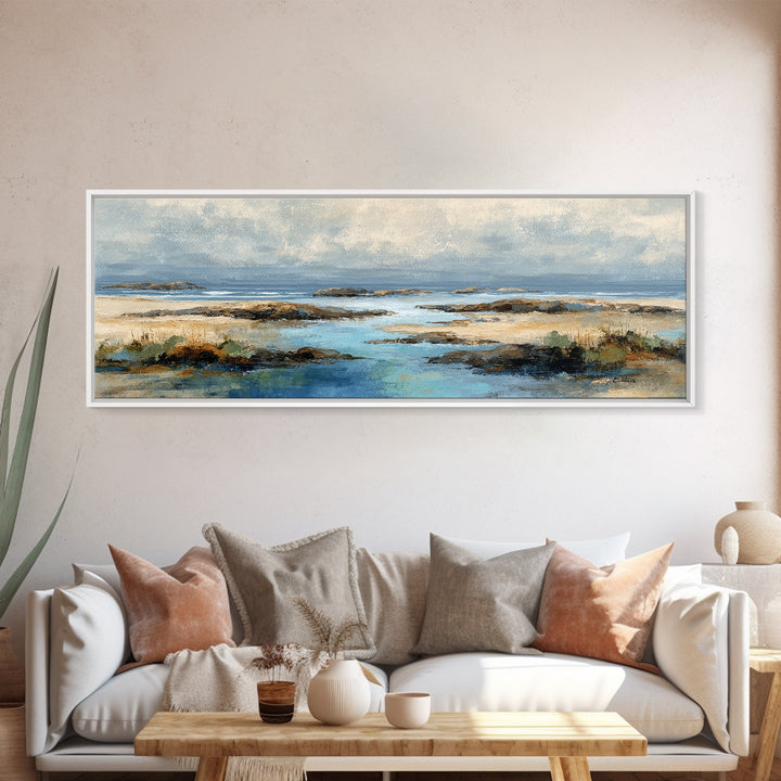 Calm Beach Tide Pooling Around Rocks Canvas Print, Nature Art, Living Room Wall Art, Living Room Decor, Fine Art, Nature, NAT-3x1-16