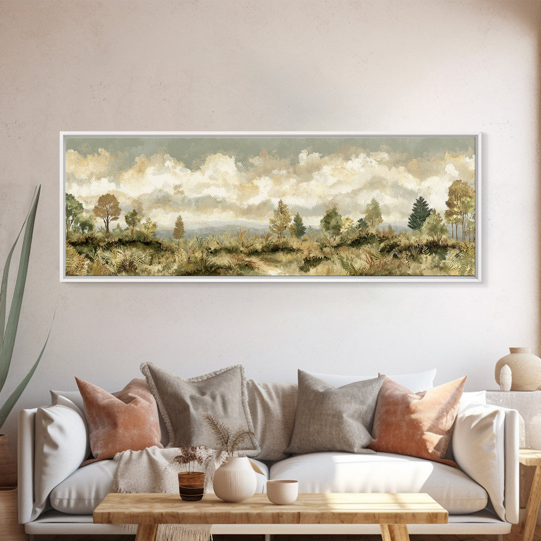 Sunlit Forest Path Framed Canvas Print, Nature Art, Modern Wall Art, Living Room Decor, Fine Art, Nature, Mountain Art, NAT-3x1-17