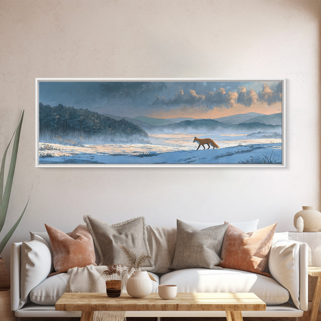 Fox Crossing a Snowy Forest Clearing Framed Canvas Print, Nature Art, Painting, Living Room Decor, Nature, Modern Wall Art, NAT-3x1-2