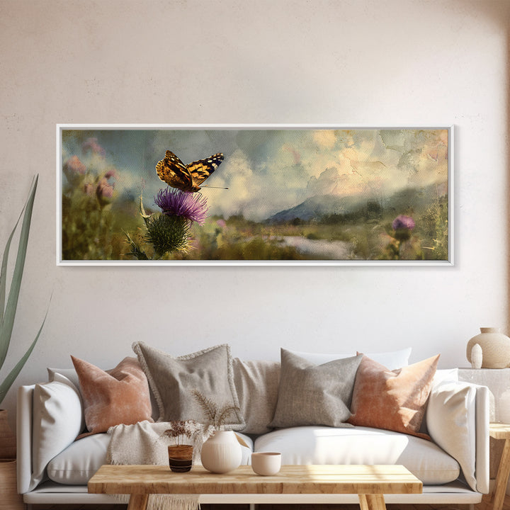 Butterfly Resting on a Blooming Thistle Canvas Print, Nature Art, Ocean Art, Living Room Decor, Fine Art, Nature, Art Print, NAT-3x1-20