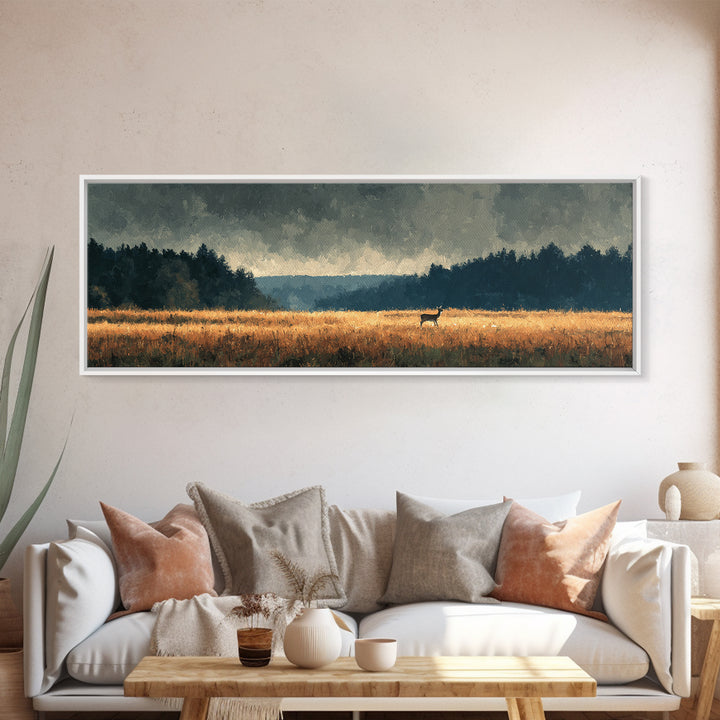 Deer Standing in a Golden Field Canvas Print, Nature Art, Bird Wall Art, Living Room Decor, Fine Art, Nature, Textured Painting, NAT-3x1-24