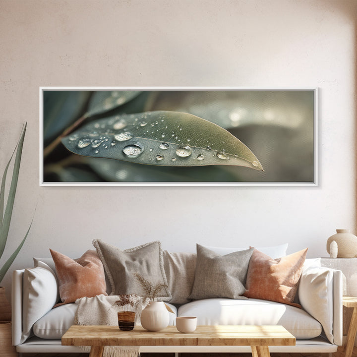 Rain Drops on a Large Green Leaf Canvas Print, Nature Art, Living Room Wall Art, Living Room Decor, Fine Art, Nature, NAT-3x1-25