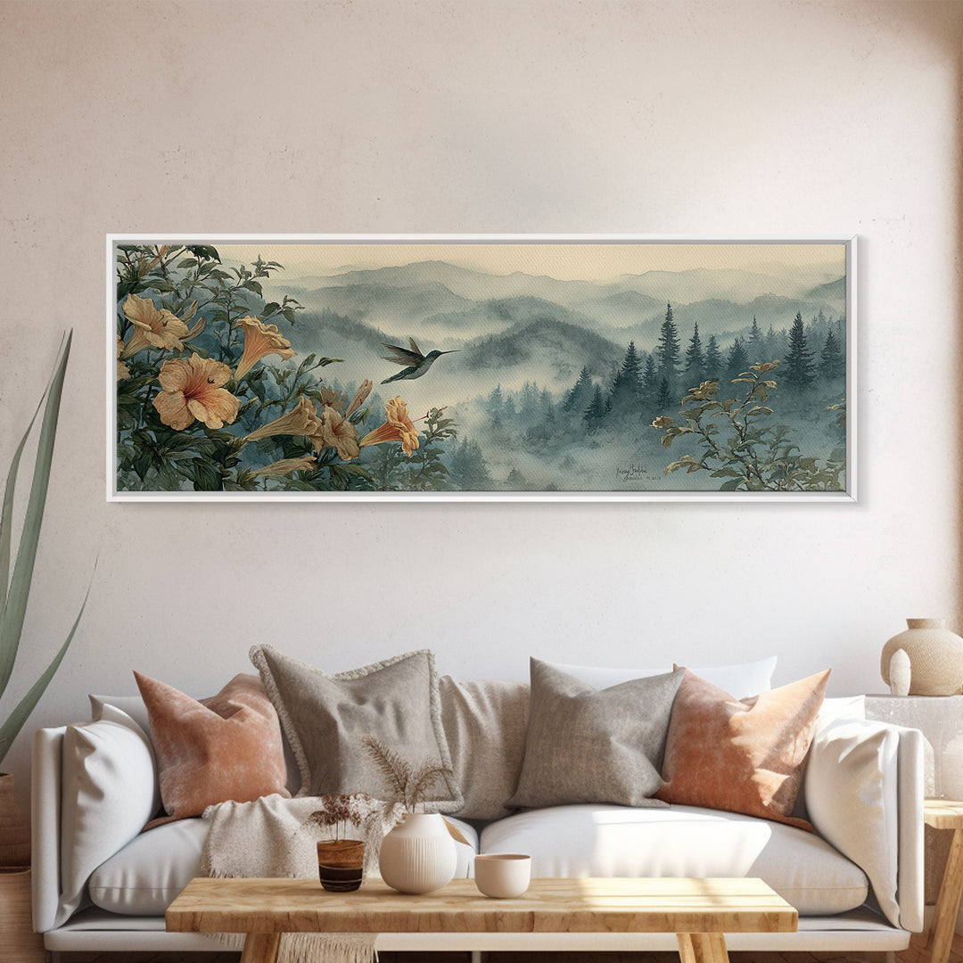Hummingbird Beside Bright Trumpet Flowers Framed Canvas Print, Nature Art, Nature Wall Art, Living Room Decor, Watercolor Art, NAT-3x1-28