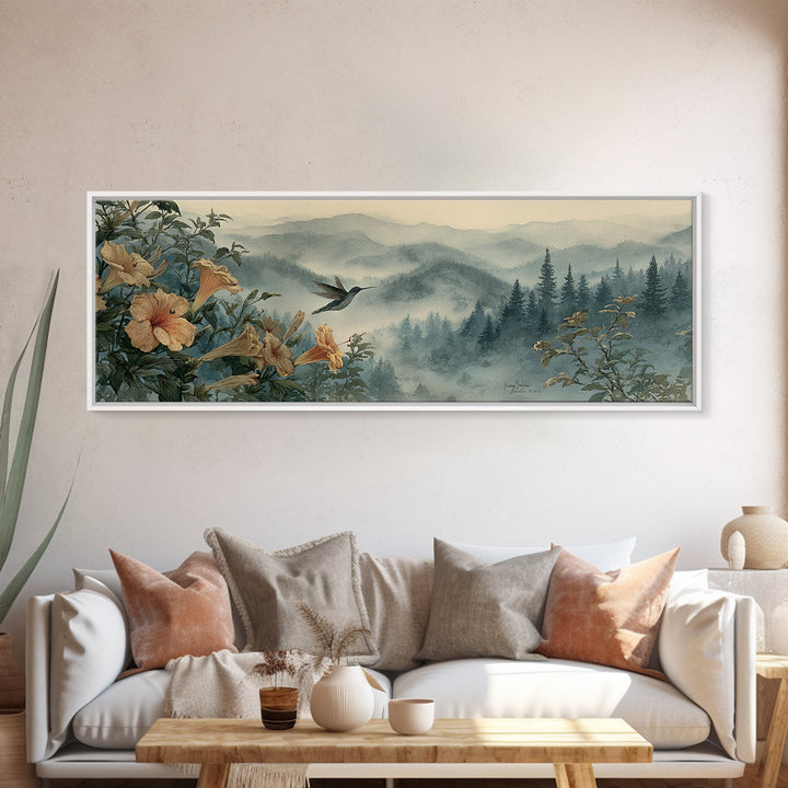 Hummingbird Beside Bright Trumpet Flowers Framed Canvas Print, Nature Art, Nature Wall Art, Living Room Decor, Watercolor Art, NAT-3x1-28