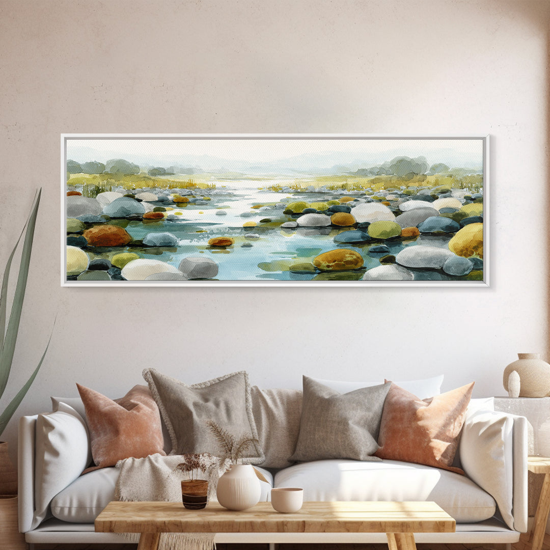 River Stones under Clear Shallow Water Canvas Print, Nature Art, Abstract Wall Art, Living Room Decor, Oil Painting, Nature, NAT-3x1-29