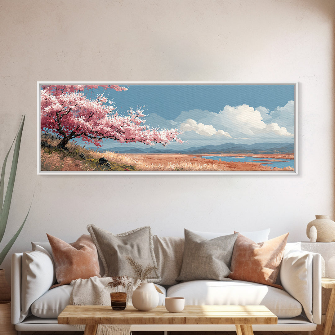 Spring Cherry Blossoms Framed Canvas Print, Nature Art, Landscape Print, Living Room Decor, Watercolor Art, Nature, NAT-3x1-32