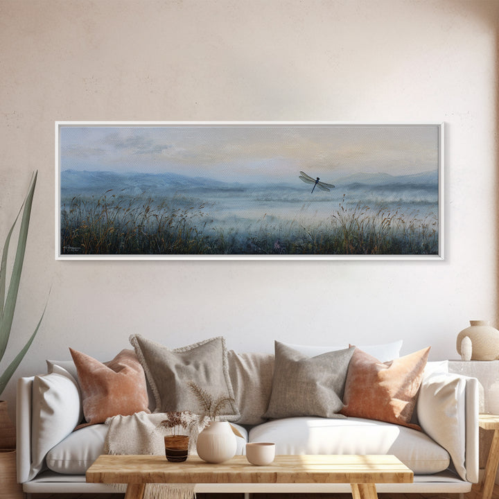Dragonfly over a Pond with Reeds Canvas Print, Nature Art, Printable Wall Art, Living Room Decor, Abstract Art, Nature, NAT-3x1-34